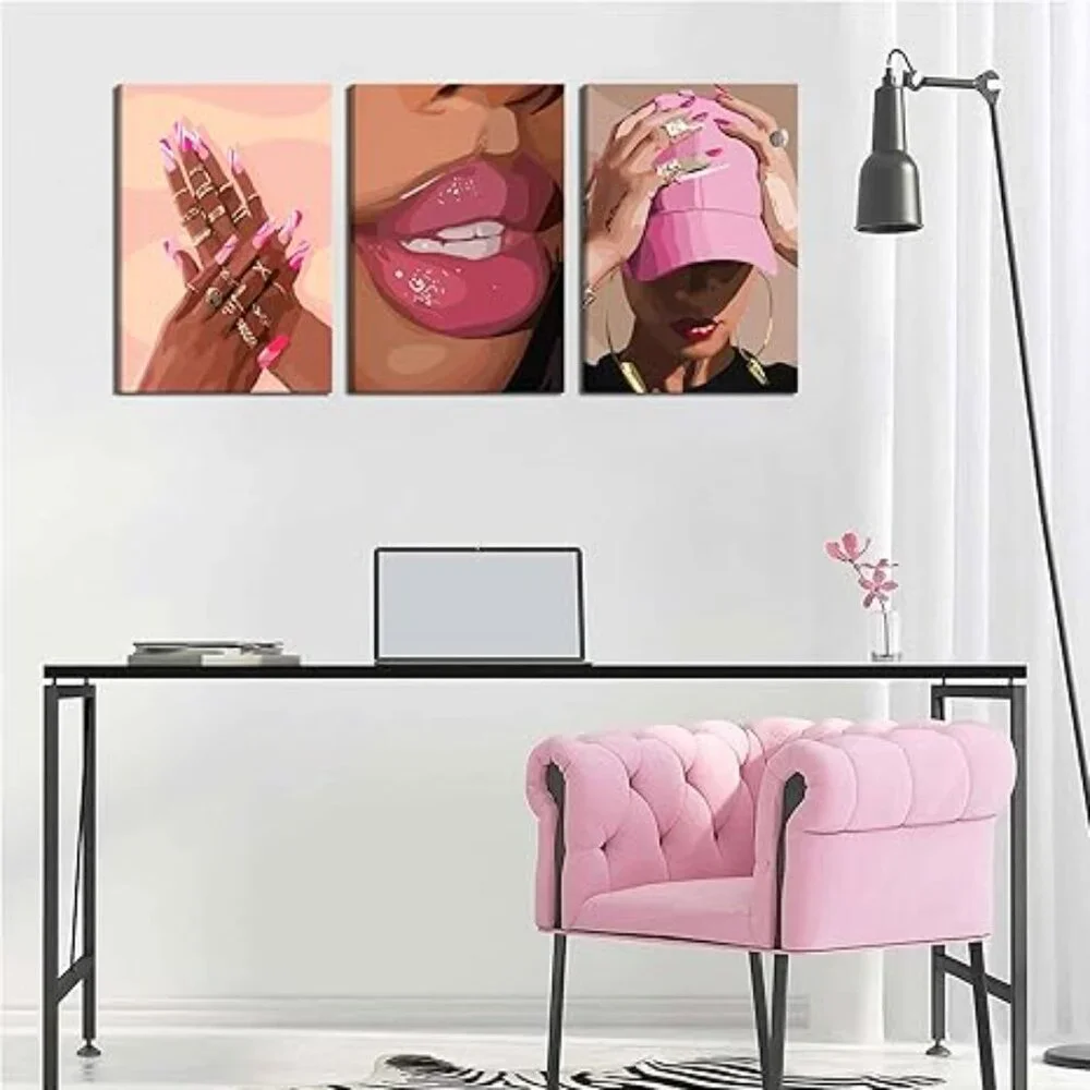 3Pcs African American Black Woman Canvas Wall Art pink - Picture 2 of 5